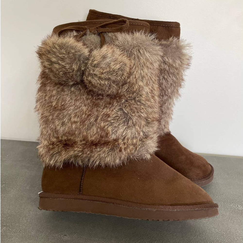 Fashion Girl's Women's Faux Suede Fur Trimmed Mid Calf Winter Boots shoes